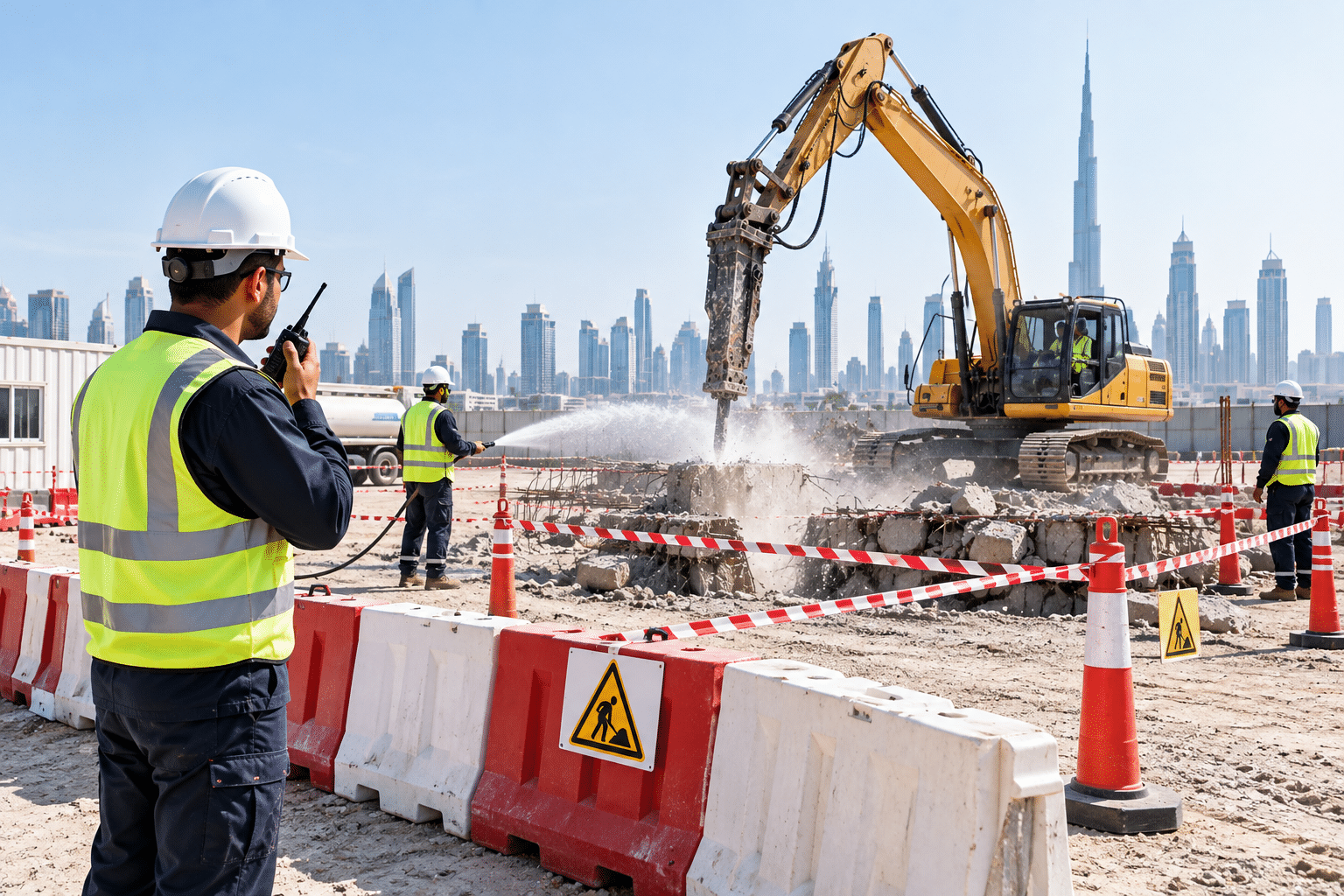 Site barriers and safety controls for concrete breaking work