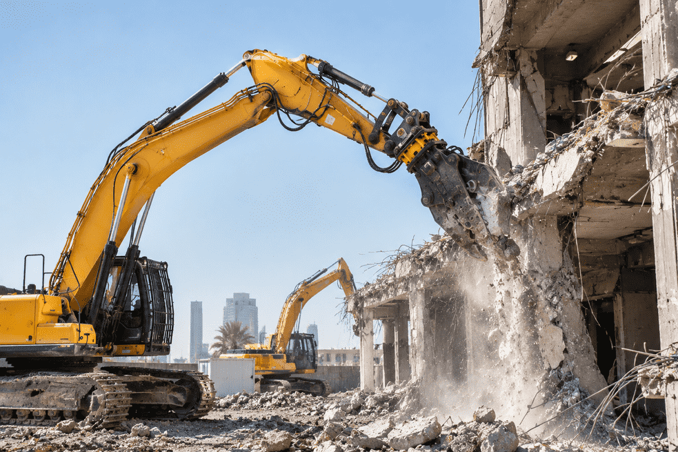 Excavator demolishing a concrete structure