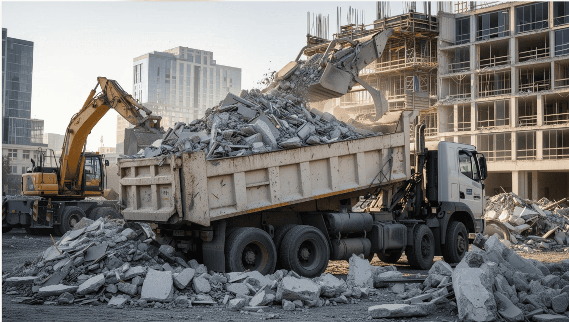 Barricaded concrete demolition site with trained crew and dust control
