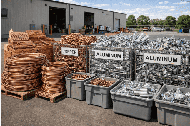 Trained crew handling scrap metal with PPE in a controlled work area