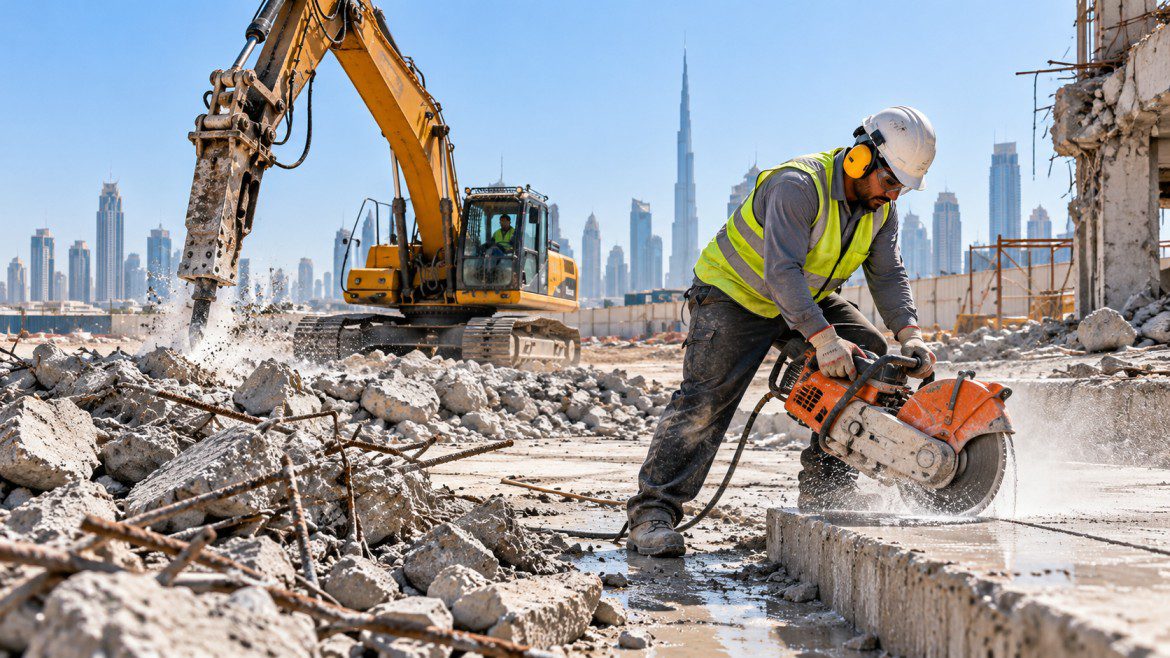 Concrete removal equipment selected for a specific breaking or cutting task