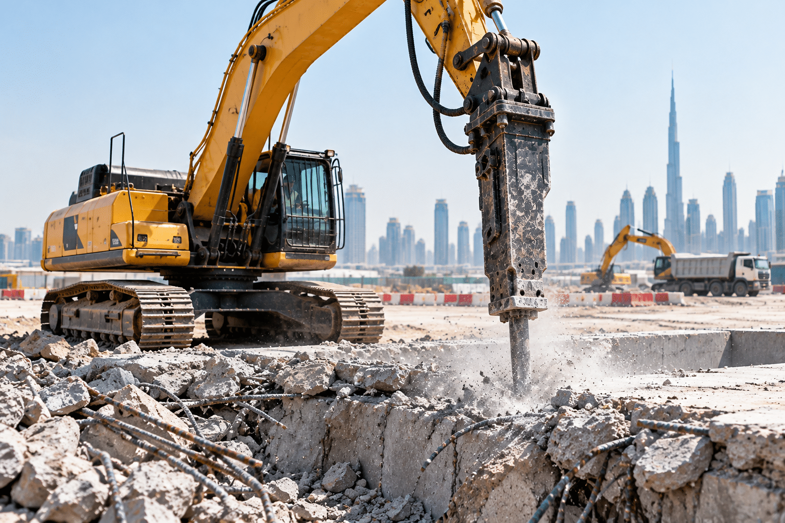 Concrete breaking operation in progress at a construction site