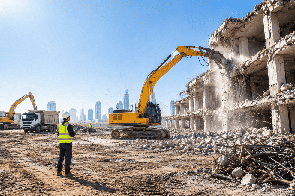 Urban demolition site in action with excavator at work