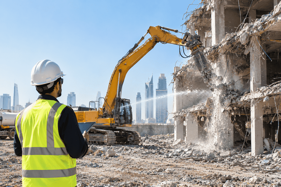 Urban demolition with excavator and engineer reviewing concrete removal