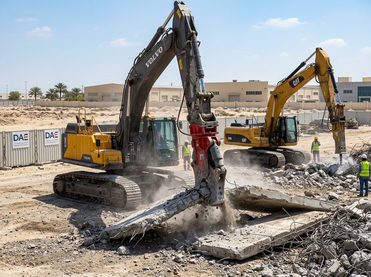 Demolition machinery and excavator working at a demolition site
