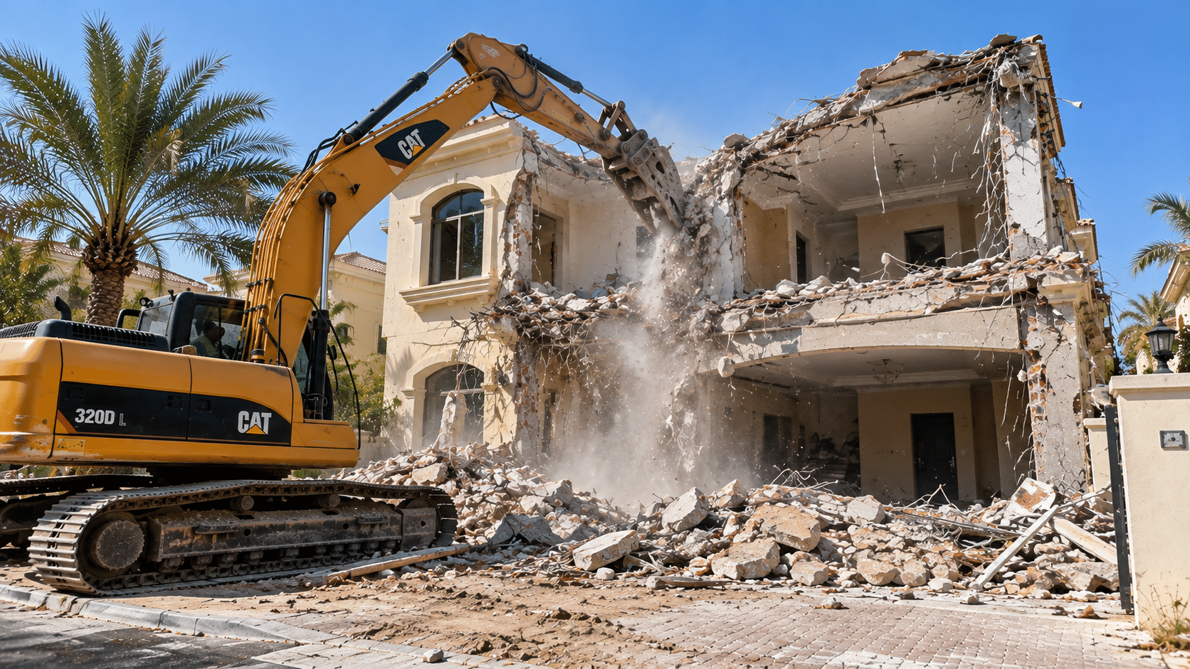 Demolition machinery working on a residential structure