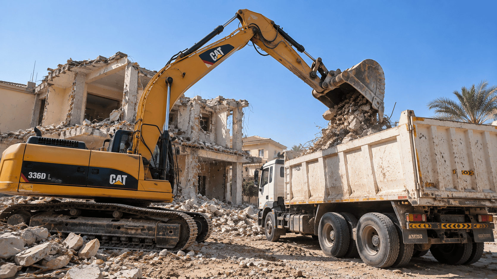 Excavator loading demolition rubble for removal from a site