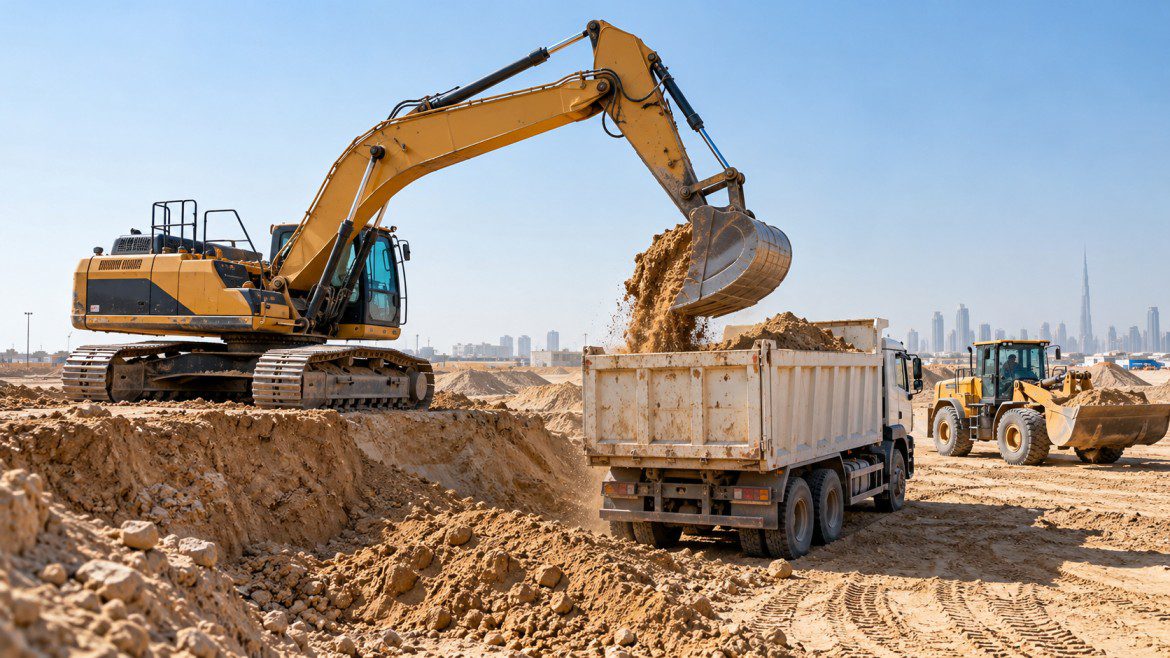 Excavator and earthmoving machinery on a Dubai construction site