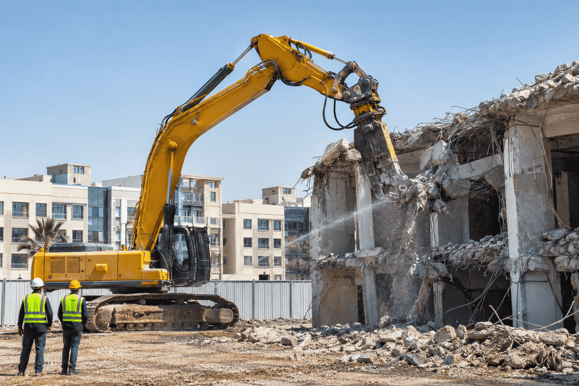 Excavator demolishing a concrete building in Dubai