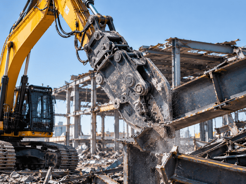 Excavator with hydraulic shear cutting steel during industrial dismantling