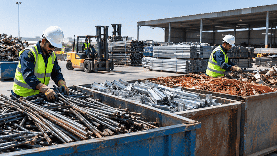 Metal recycling yard in operation with sorted scrap and heavy machinery