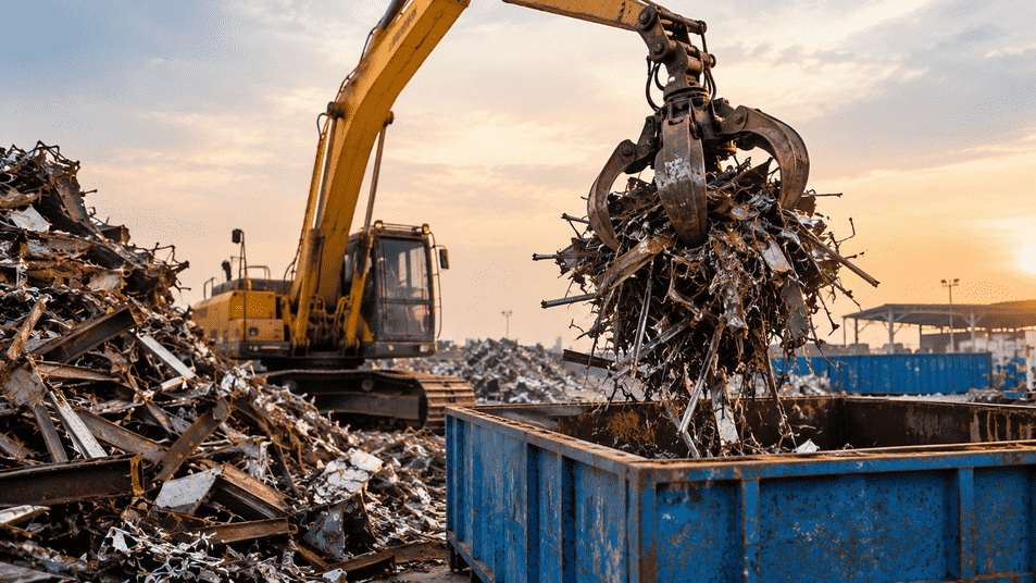 Crane loading scrap metal at a scrap yard in Dubai at sunset