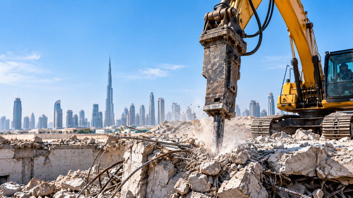 Concrete breaking and reinforced concrete removal at a Dubai construction site