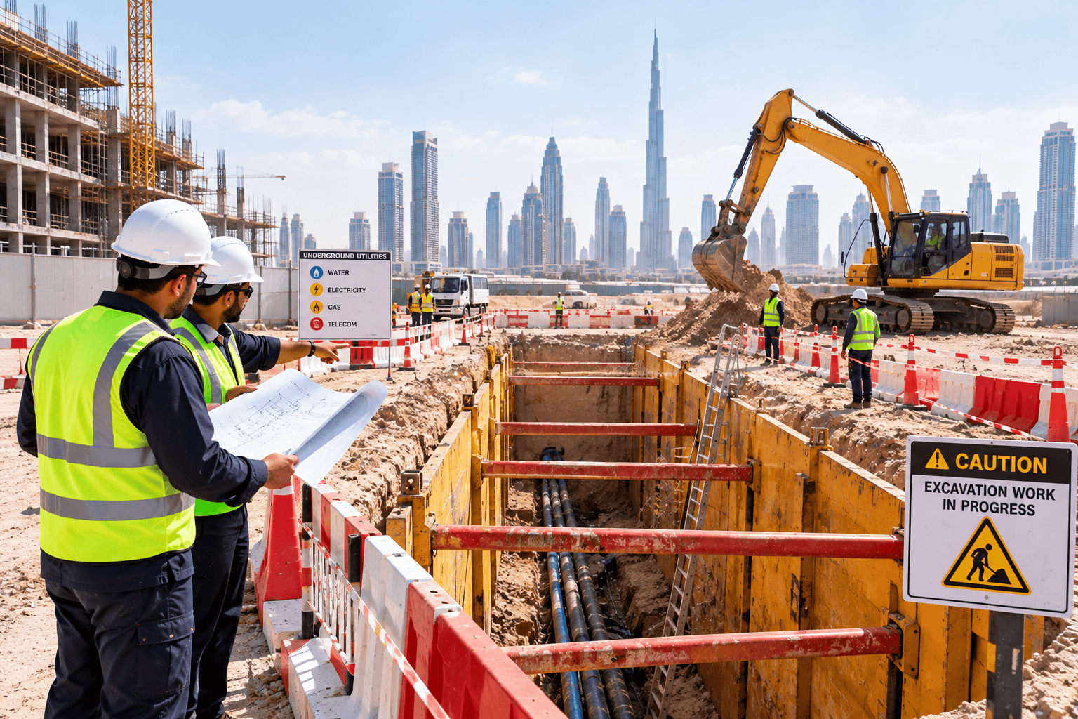 Excavation work area with appropriate site access and safety controls