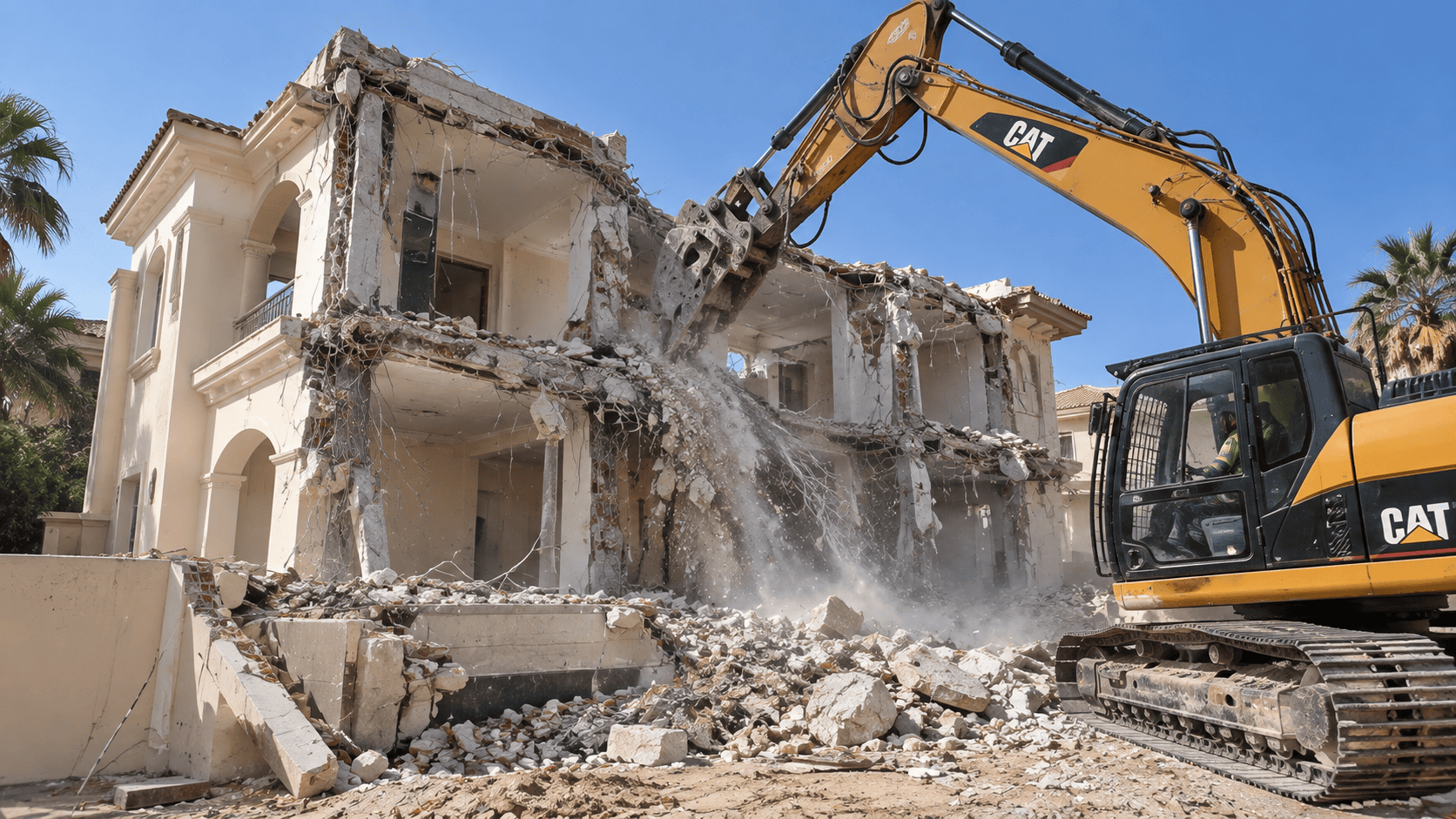 Villa demolition in progress using demolition machinery