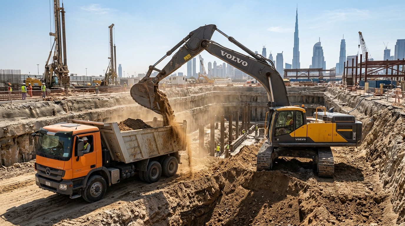 Excavator carrying out earthworks at a construction site