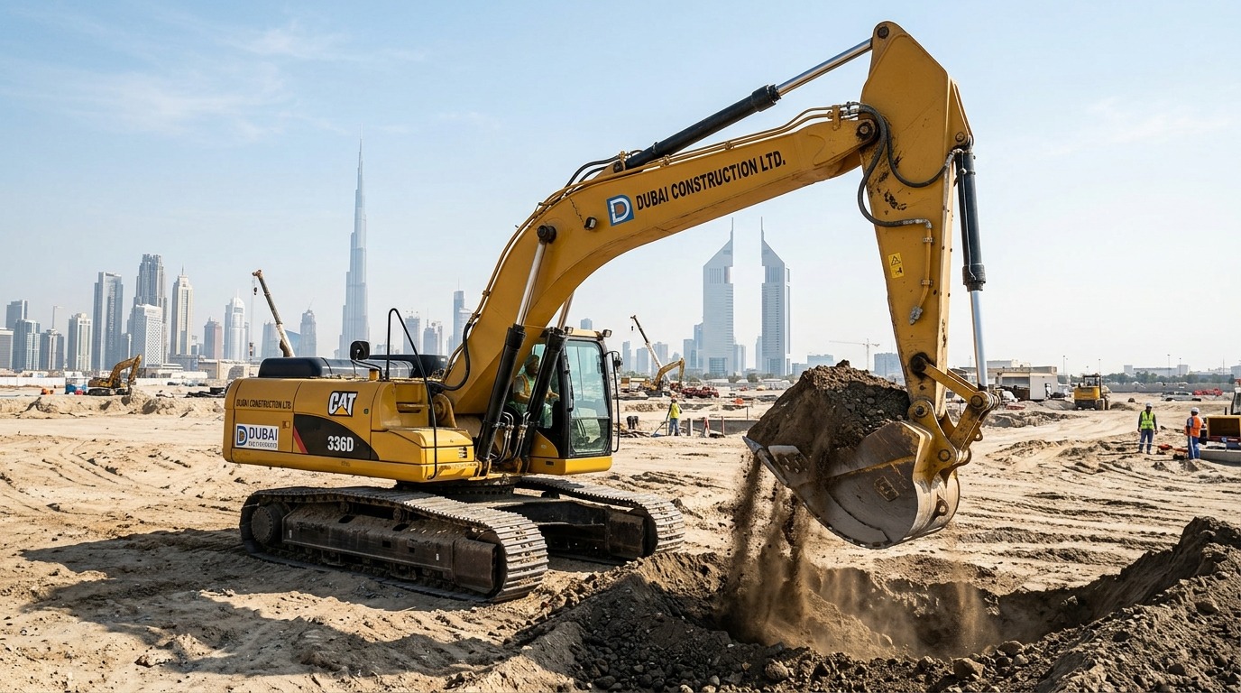 Excavator preparing a construction site for earthworks in Dubai